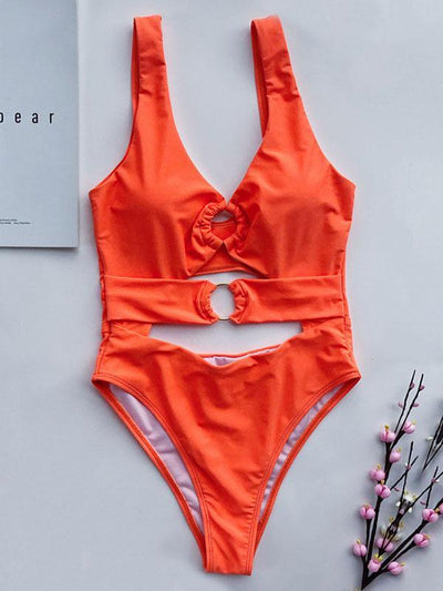 Solid Color Metal Ring One-Piece Swimwear