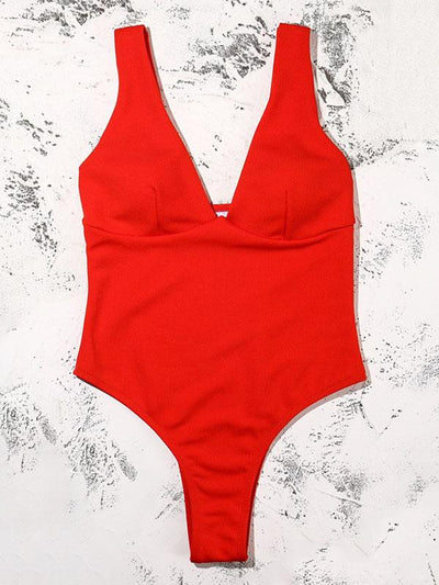 Solid Color V-Neck One-Piece Swimwear