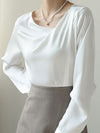 Long Sleeves Loose Asymmetric Pleated Solid Color Split-Joint V-Neck Blouses&Shirts Tops