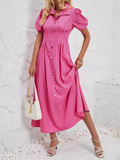 Loose Puff Sleeves Pleated Split-Joint Lapel Maxi Dresses Shirt Dress