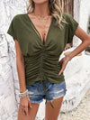 Loose Short Sleeves Backless Drawstring Pleated See-Through Solid Color Tied Deep V-Neck T-Shirts Tops