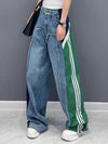 Loose Wide Leg Contrast Color Drawstring Elasticity Fringed Split-Joint Jean Pants Bottoms