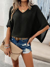 Batwing Sleeves Half Sleeves Hollow See-Through Solid Color V-Neck Sweater Tops