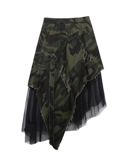 A-Line Loose Asymmetric Camouflage Elasticity Fringed Mesh Split-Joint Skirts Bottoms