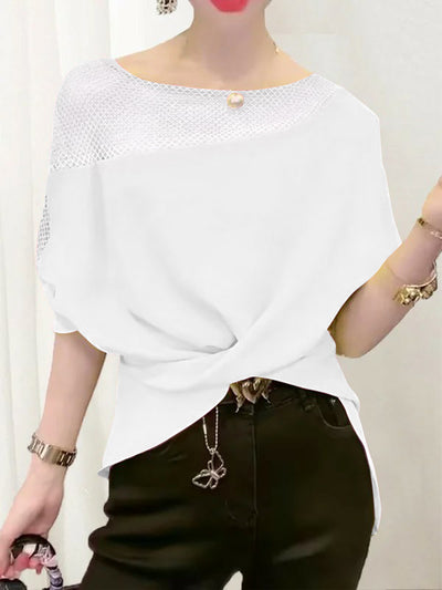 Loose Raglan Sleeve Asymmetric Knot Mesh Split-Joint Round-neck T-Shirts Tops