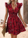 A-Line Loose Elasticity Flower Print V-Neck Mini Dresses