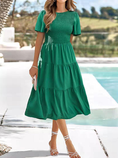 High Waisted Loose Elasticity Pleated Solid Color Split-Joint Round-Neck Midi Dresses