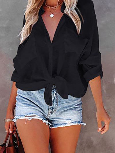 Long Sleeves Loose Buttoned Pockets Split-Joint Sun Protection Lapel Blouses&Shirts Tops