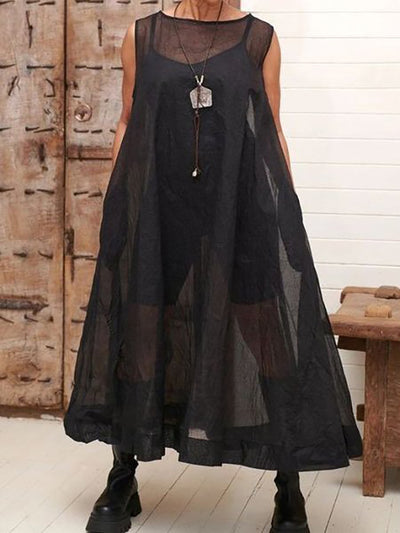 A-Line Loose Pockets See-Through Solid Color Round-Neck Cover-Up Midi Dresses