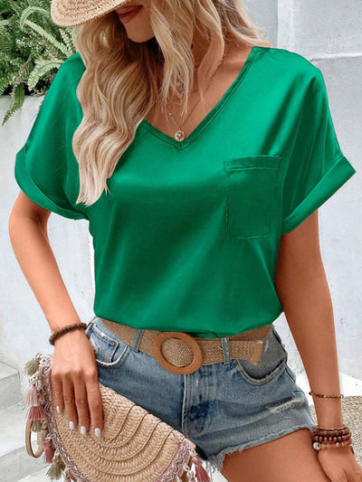 Loose Short Sleeves Pockets Solid Color V-Neck T-Shirts Tops