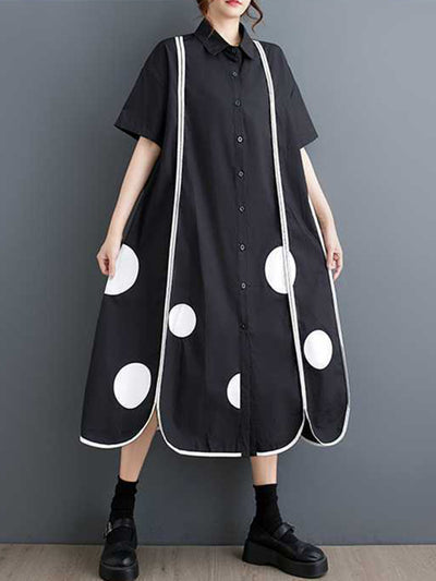 A-Line Half Sleeves Buttoned Pockets Polka-Dot Split-Front Split-Joint Lapel Midi Dresses Shirt Dress