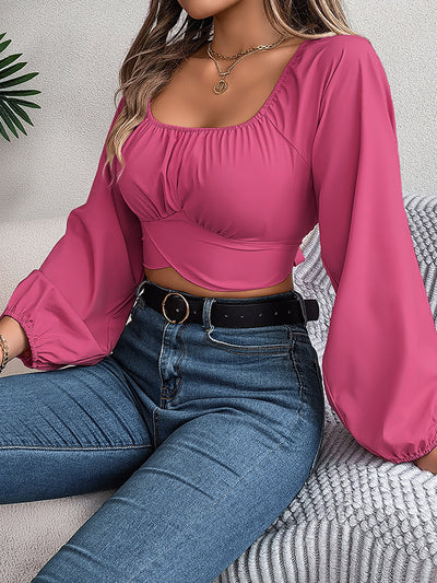 Long Sleeves Puff Sleeves Elasticity Pleated Solid Color Split-Joint Square-Neck Blouses&Shirts Tops