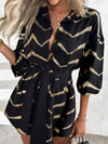 Long Sleeves Loose Buttoned Elasticity Striped Tied Waist Lapel Mini Dresses Shirt Dress