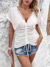 Loose Short Sleeves Backless Drawstring Pleated See-Through Solid Color Tied Deep V-Neck T-Shirts Tops