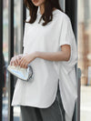 High-low Loose Elasticity Solid Color Split-side Round-neck T-Shirts Tops