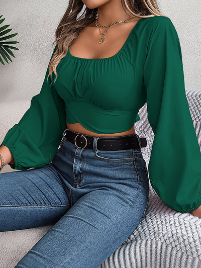 Long Sleeves Puff Sleeves Elasticity Pleated Solid Color Split-Joint Square-Neck Blouses&Shirts Tops