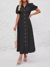 Loose Puff Sleeves Pleated Split-Joint Lapel Maxi Dresses Shirt Dress