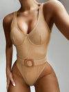 Solid Color Belted  One-Piece Swimwear