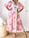 A-Line High Waisted Flower Print Pleated Split-Joint Zipper V-Neck Maxi Dresses