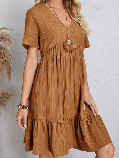 A-Line Loose Pleated Solid Color Split-Joint V-Neck Mini Dresses