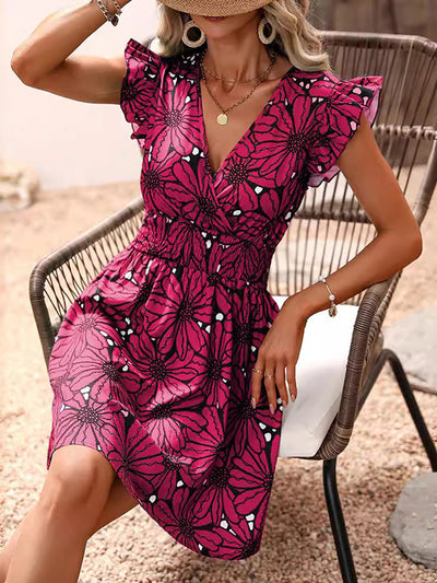 A-Line Loose Elasticity Flower Print V-Neck Mini Dresses