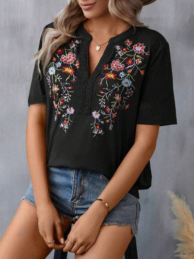 Half Sleeves Loose Embroidered Split-Joint V-Neck T-Shirts Tops