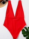 Solid Color Deep V-Neck One-Piece Swimwear