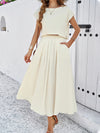 Loose Solid Color Round-Neck T-Shirt Top + Pleated Pockets A-Line Skirts Bottom Two Pieces Set