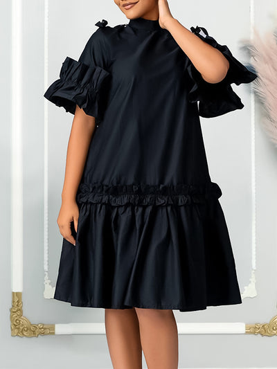 A-Line Half Sleeves Pleated Solid Color Split-Joint Zipper Mock Neck Midi Dresses