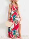 A-Line Loose Flower Print Pleated Split-Front Tied Waist V-Neck Maxi Dresses