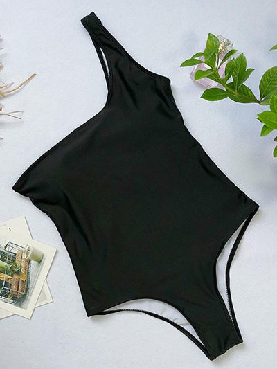 Single Shoulder Striped&Plain One-piece Swimwear