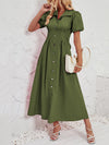 Loose Puff Sleeves Pleated Split-Joint Lapel Maxi Dresses Shirt Dress