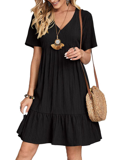 A-Line Loose Pleated Solid Color Split-Joint V-Neck Mini Dresses