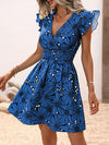 A-Line Loose Elasticity Flower Print V-Neck Mini Dresses