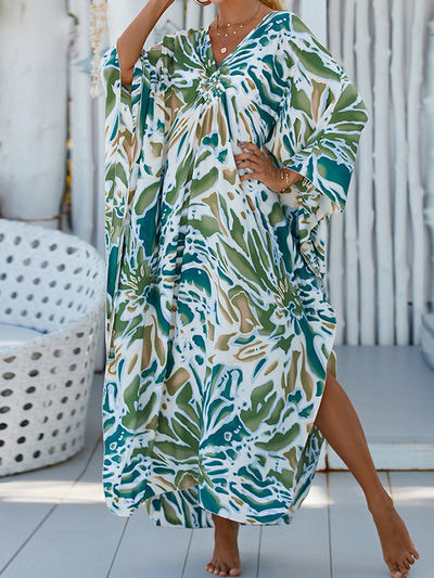 Batwing Sleeves Loose Printed Split-Joint Split-Side Sun Protection V-Neck Beach Cover-Up Maxi Dresses