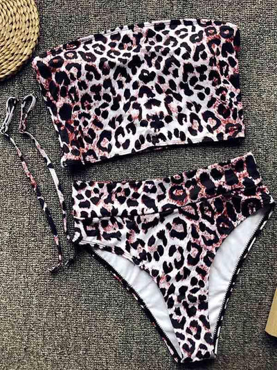 Strapless High Waist Leopard Bikinis Swimsuit