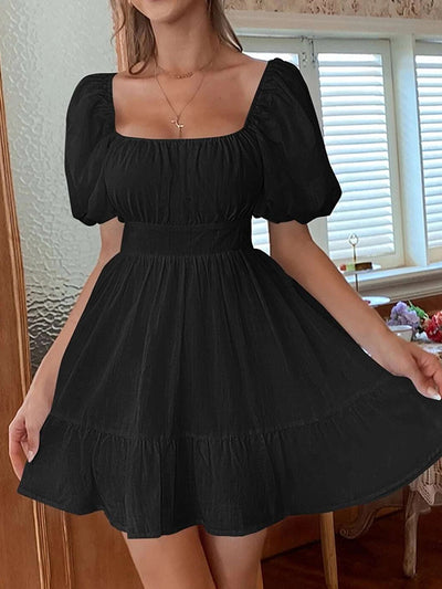 High Waisted Loose Backless Bowknot Elasticity Pleated Solid Color Split-Joint Square-Neck Mini Dresses