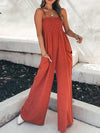 High Waisted Loose Elasticity Pleated Pockets Split-Joint Spaghetti-Neck Jumpsuits