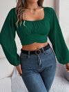 Long Sleeves Puff Sleeves Elasticity Pleated Solid Color Split-Joint Square-Neck Blouses&Shirts Tops