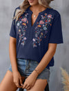 Half Sleeves Loose Embroidered Split-Joint V-Neck T-Shirts Tops