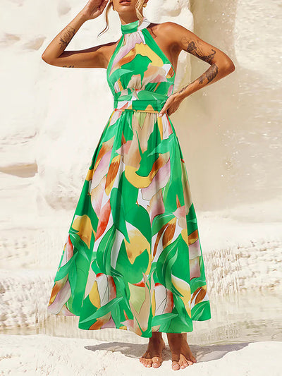 A-Line Loose Pleated Printed Split-Joint Halter-Neck Midi Dresses