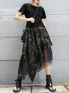 A-Line Loose Asymmetric Camouflage Elasticity Fringed Mesh Split-Joint Skirts Bottoms