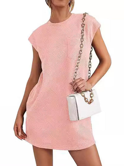 A-Line Loose Jacquard Pockets Solid Color Round-Neck Mini Dresses