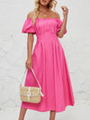 Loose Puff Sleeves Elasticity Pleated Solid Color Split-Joint Off-The-Shoulder Midi Dresses