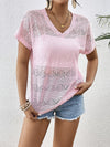 Loose Short Sleeves Hollow See-Through Solid Color Split-Joint V-Neck T-Shirts Tops