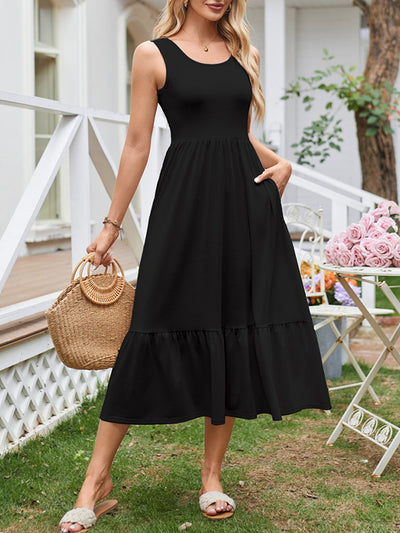 A-Line Loose Pleated Pockets Solid Color Split-Joint Round-Neck Midi Dresses