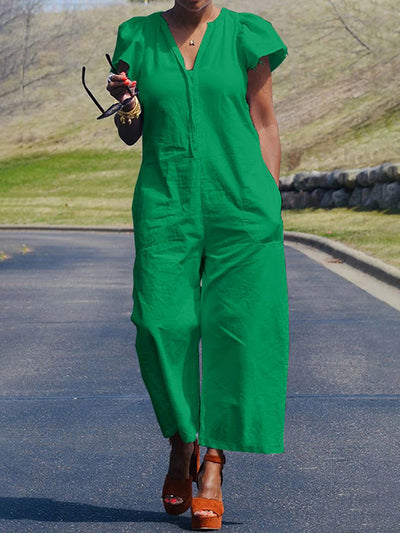 Loose Ruffle Sleeves Fringed Pleated Pockets Solid Color V-Neck Jumpsuits