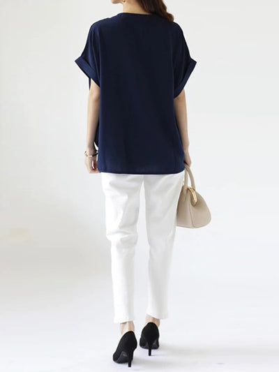 Batwing Sleeves Loose Pleated Solid Color Split-Joint Round-Neck Blouses&Shirts Tops