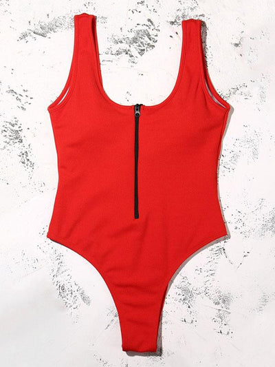 Solid Color Zipper One-Piece Swimwear