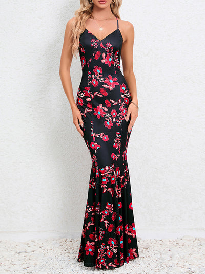 Bodycon Mermaid Flower Print Split-Joint Spaghetti-Neck Maxi Dresses